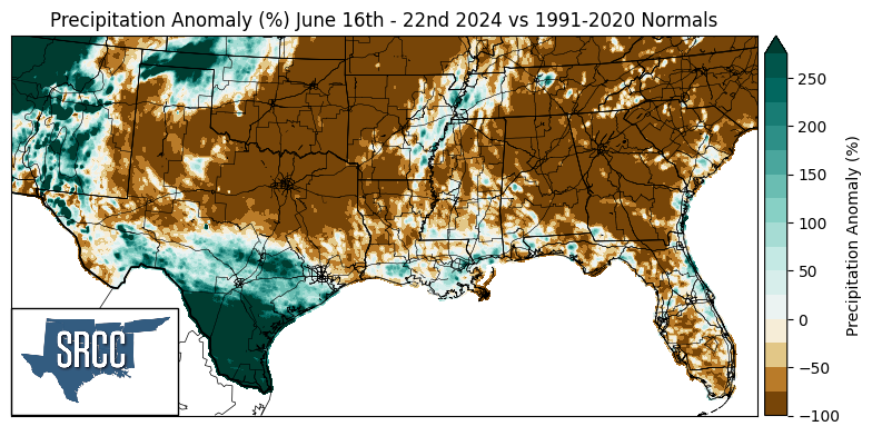 Precipitation Anomaly % June 16-22, 2024 vs 1990-2020 Normals