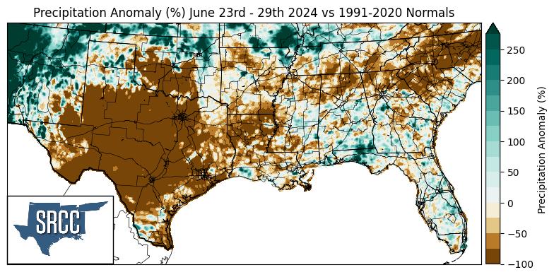 Precipitation Anomaly % June 23-29, 2024 vs 1990-2020 Normals