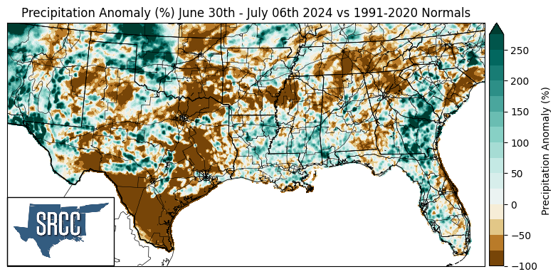 Precipitation Anomaly % June 30 - July 6, 2024 vs 1990-2020 Normals