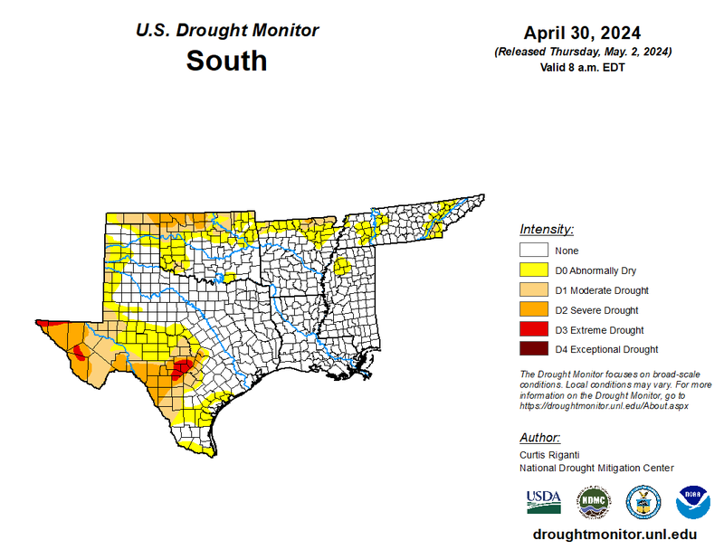 U.S. Drought Monitor for the Southern Region for April 30th, 2024