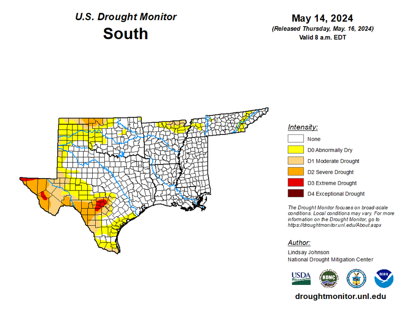 U.S Drought Monitor for the Southern Climate Region, Valid May 14th