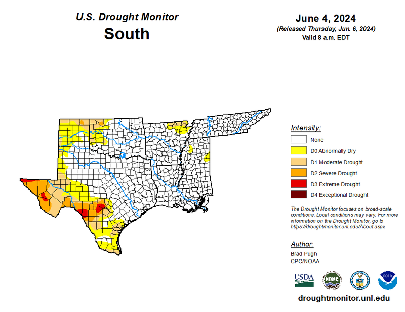 U.S Drought Monitor for the Southern Climate Region, Valid June 4th