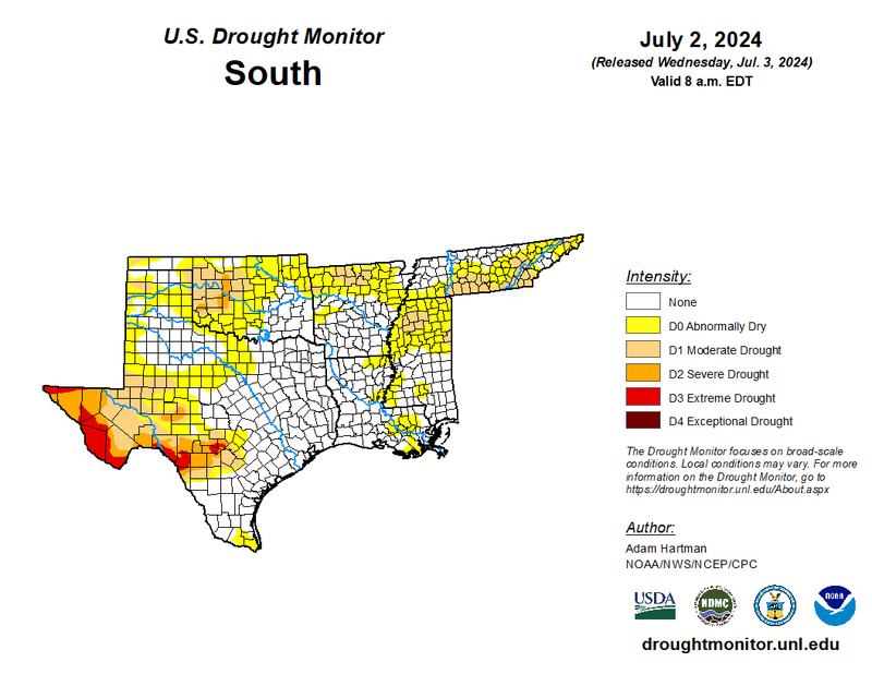 U.S Drought Monitor for the Southern Climate Region, Valid July 2nd