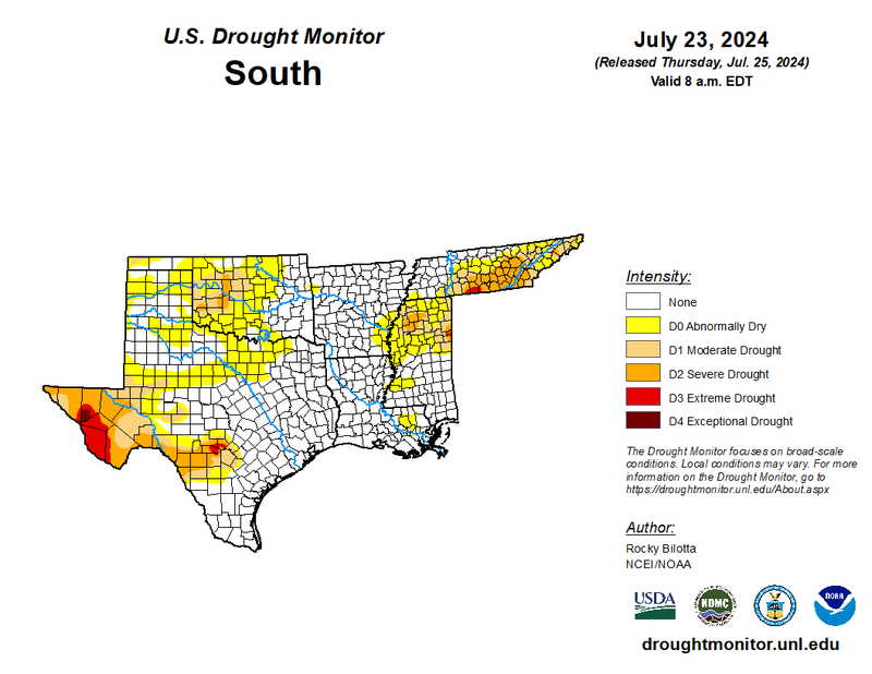 U.S Drought Monitor for the Southern Climate Region, Valid July 23rd