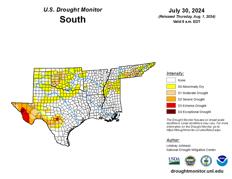 U.S Drought Monitor for the Southern Climate Region, Valid July 30th