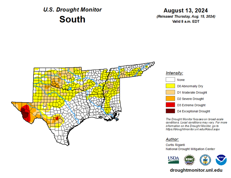 U.S Drought Monitor for the Southern Climate Region, Valid August 13th