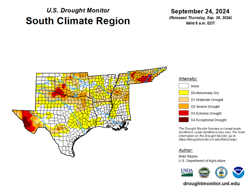 U.S Drought Monitor for the Southern Climate Region, Valid September 24th, 2024