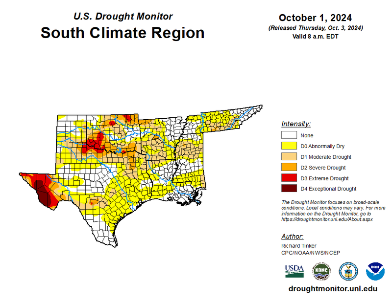 U.S Drought Monitor for the Southern Climate Region, Valid October 1st, 2024