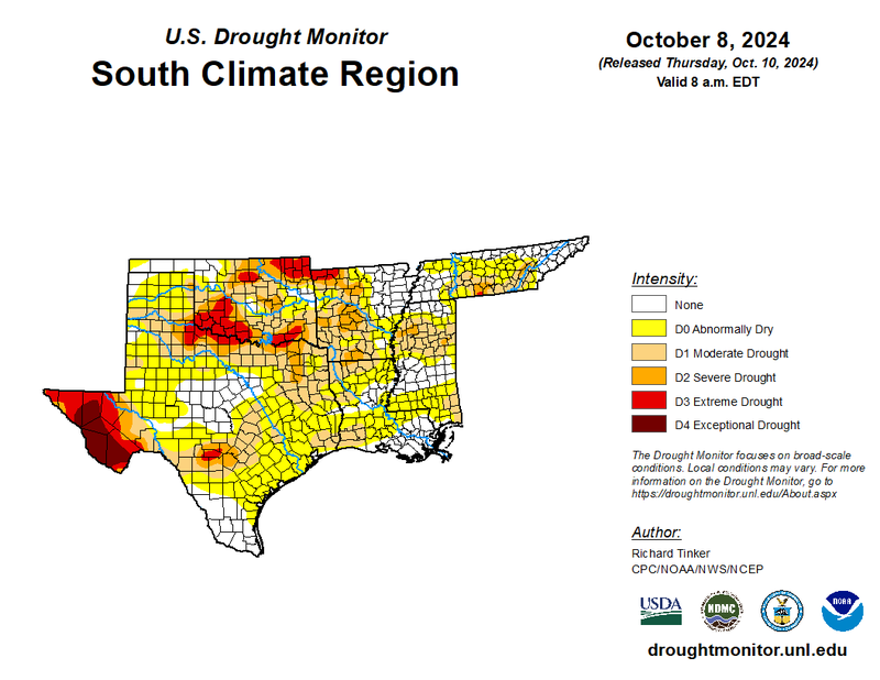 U.S Drought Monitor for the Southern Climate Region, Valid October 10th, 2024