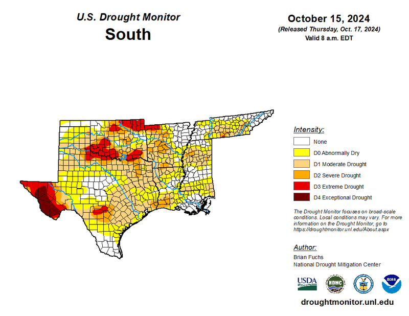 U.S Drought Monitor for the Southern Climate Region, Valid October 15th