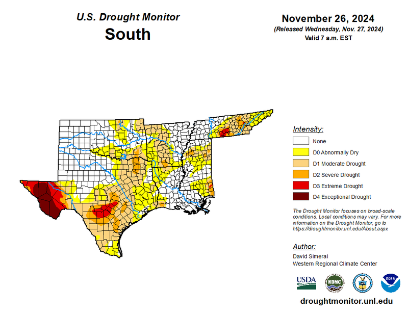 U.S Drought Monitor for the Southern Climate Region, Valid November 26th