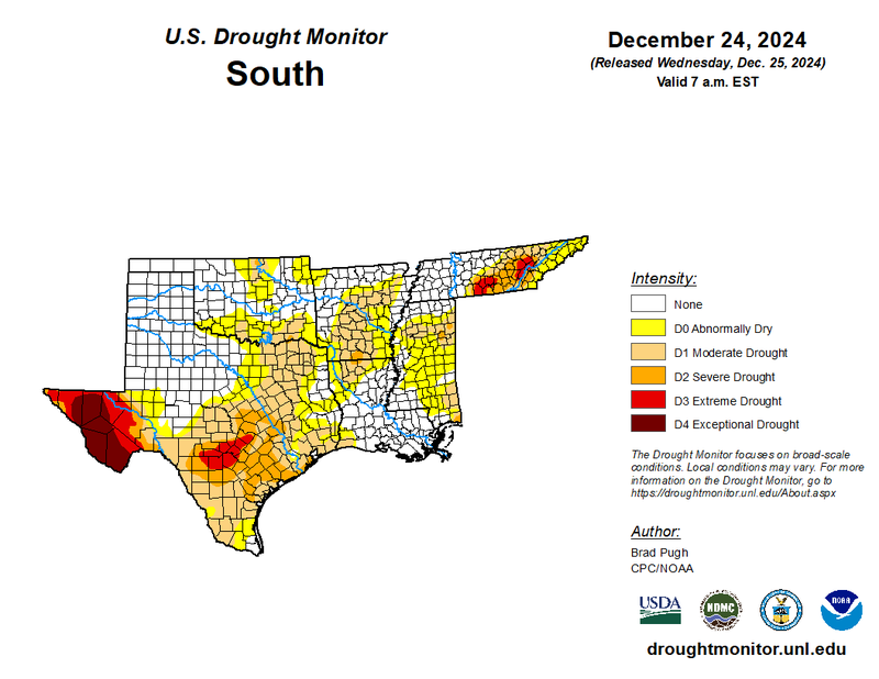 Southern Region&#x27;s Drought Monitor valid 12/26/2024