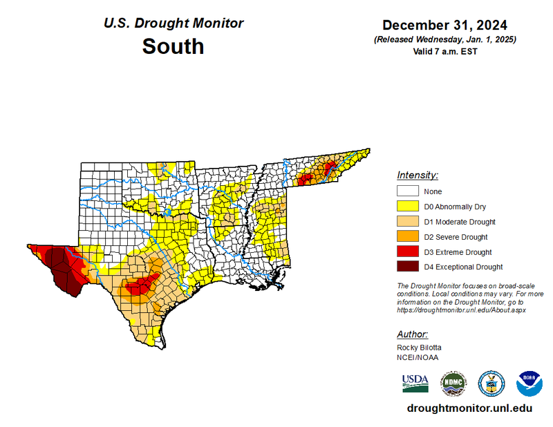 U.S Drought Monitor for the Southern Climate Region, Valid December 31st