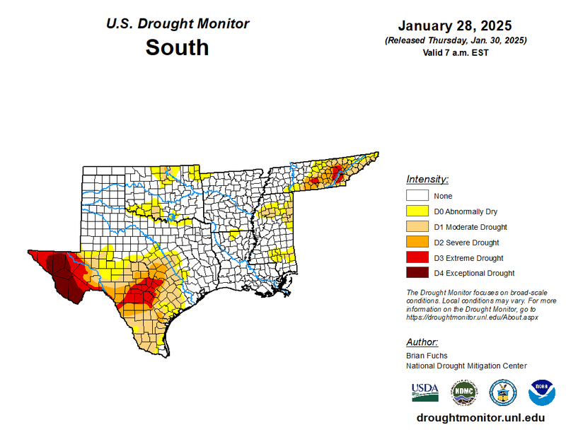 U.S Drought Monitor for the Southern Climate Region, Valid January 28th