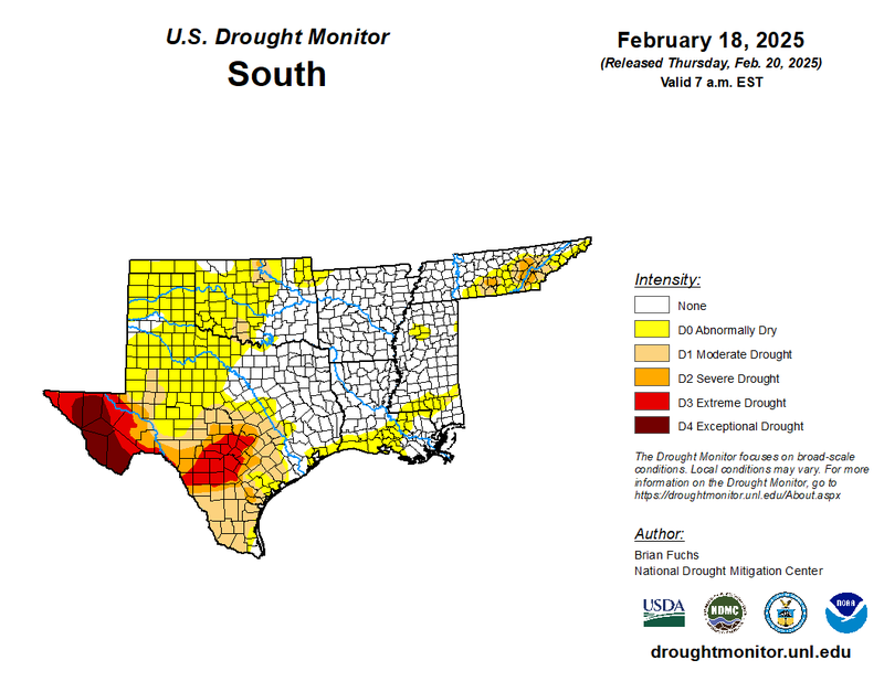 Drought Monitor valid 02/18/2025: Drought Monitor valid (date valid): A map of the Southern Region depicting intensity of drought