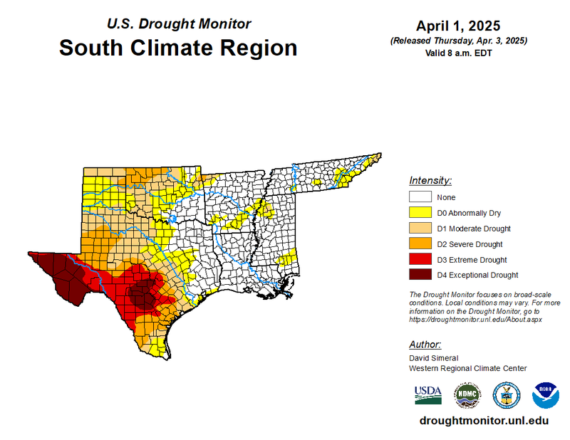 U.S Drought Monitor for the Southern Climate Region, Valid April 1st