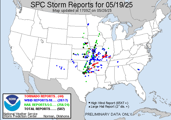Storms reported on Monday, May 19th, 2025, throughout the contiguous U.S. Source: spc.noaa.gov