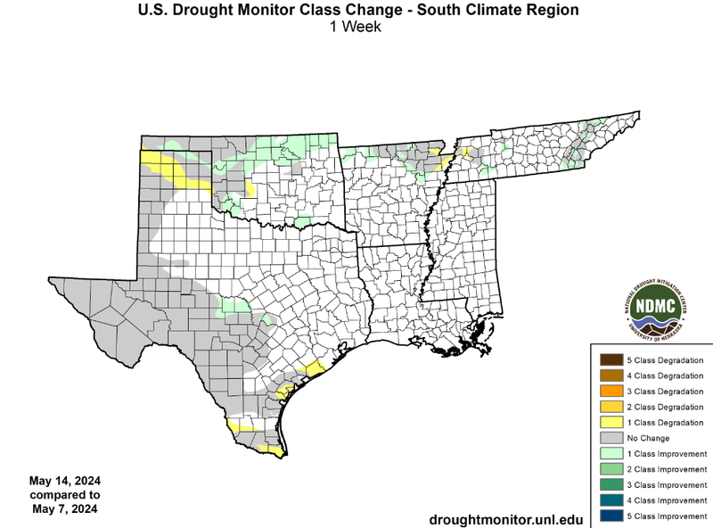 U.S Drought Monitor Class Change Map for Southern Climate Region, Valid May 14th