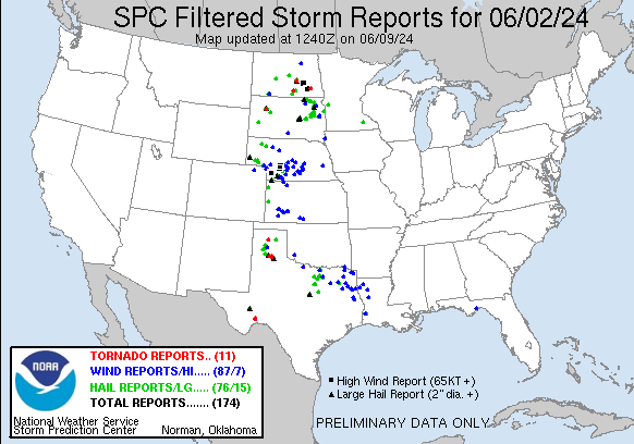 Storm Prediction Center&#x27;s damage reports due to wind, hail, and tornadoes on Sunday, June 2, 2024.