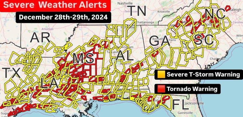 Tornado and Severe Thunderstorm warning across the Southeast