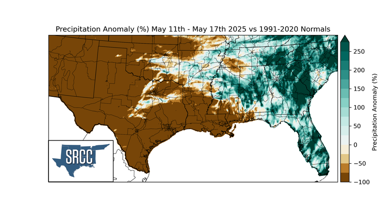 Precipitation Anomaly (%) May 18th - May 24th 2025 vs 1991-2020 Normals