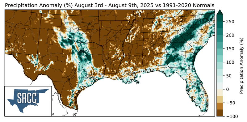 Precipitation Anomaly (%) August 3rd - August 9th, 2025 vs 1991-2020 Normals