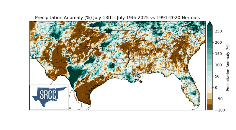 Precipitation Anomaly (%) July 13th - July 19th 2025 vs 1991-2020 Normals
