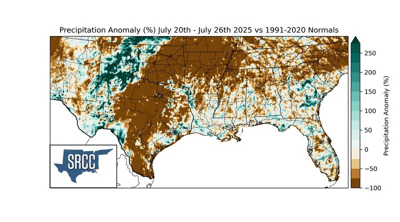 Precipitation Anomaly (%) July 20th - July 26th 2025 vs 1991-2020 Normals