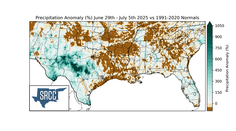Precipitation Anomaly (%) June 29th - July 5th 2025 vs 1991-2020 Normals