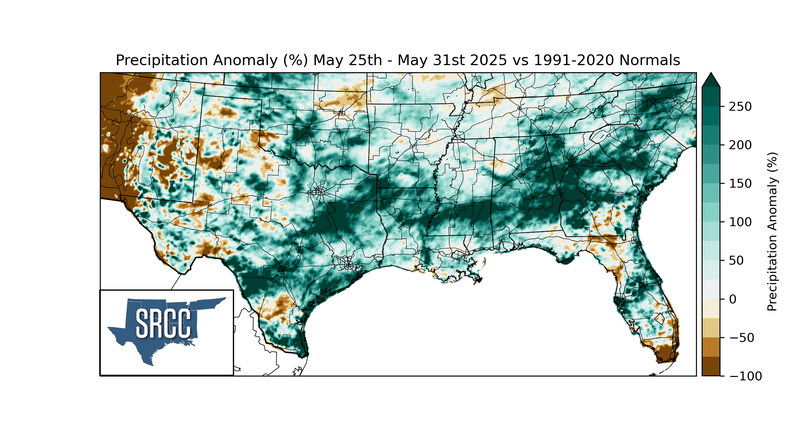 Precipitation Anomaly (%) May 25th - May 31st 2025 vs 1991-2020 Normals
