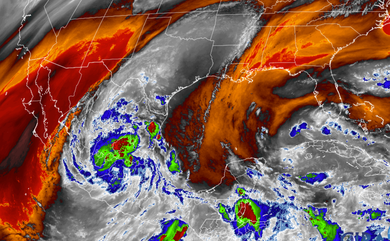 Satellite imagery showing water vapor content in the atmosphere