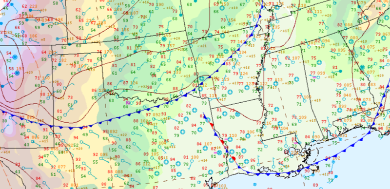 Surface analysis displaying cold front across the Region