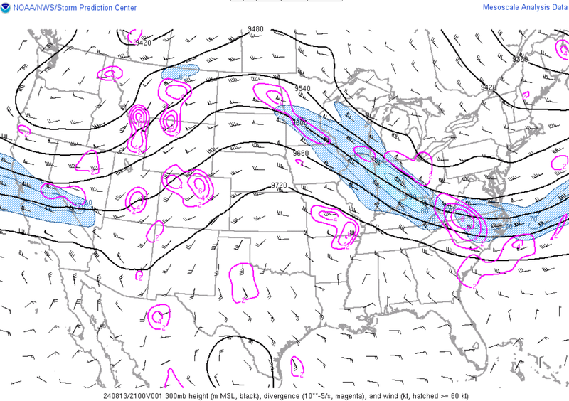 Upper level pressure and wind map displaying an upper level ridge