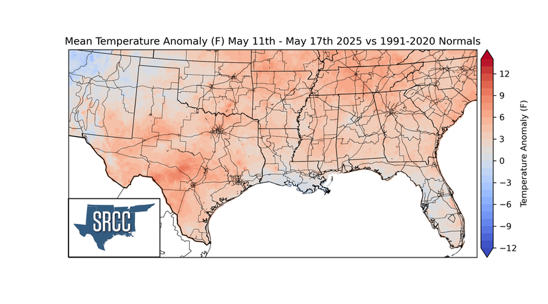 Mean Temperature Anomaly (F) May 18th-May 24th 2025