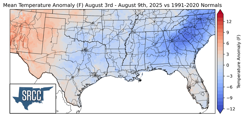 Mean Temperature Anomaly (F) August 3rd - August 9th, 2025 vs 1991-2020 Normals