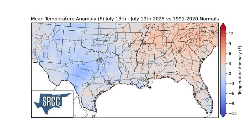 Mean Temperature Anomaly (F) July 13th - July 19th 2025 vs 1991-2020 Normals
