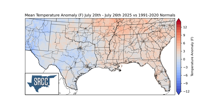 Mean Temperature Anomaly (F) July 20th - July 26th 2025 vs 1991-2020 Normals