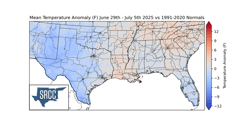 Mean Temperature Anomaly (F) June 29th - July 5th 2025 vs 1991-2020 Normals