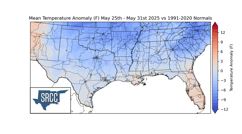 Mean Temperature Anomaly (F) May 25th - May 31st 2025 vs 1991-2020 Normals