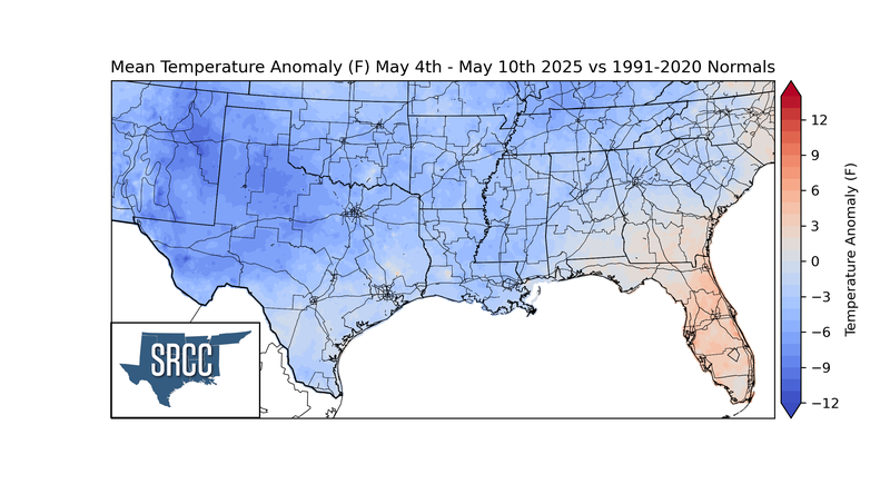 Mean Temperature Anomaly (F) May 4th-May 10th 2025
