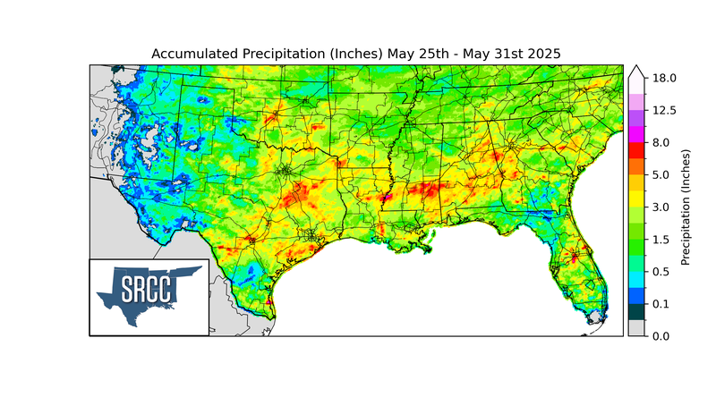 Accumulated Precipitation (inches) May 25th - May 31st 2025