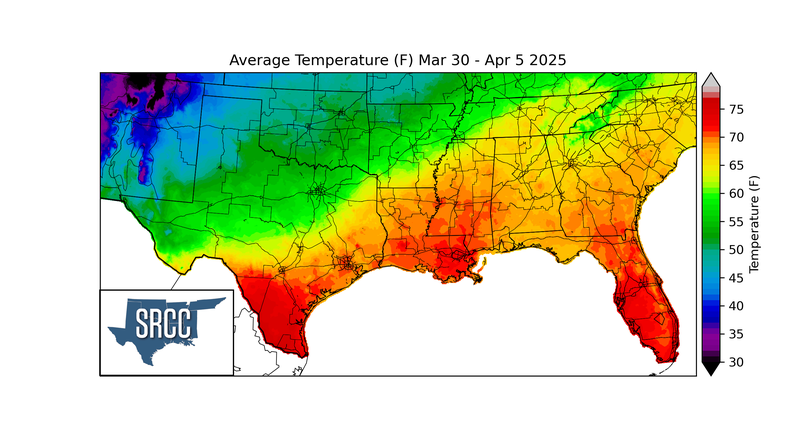 Average Temperature (F) Mar 30 - Apr 5, 2025