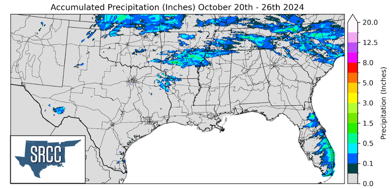 Graphic showing the accumulated precipitation across the Southern Region for October 20th - 26th