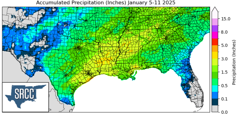 Graphic showing the accumulated precipitation across the Southern Region for January 5th - 11th