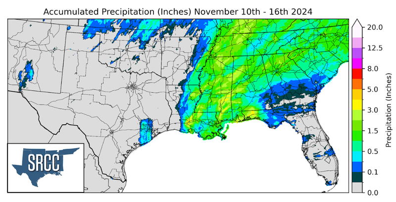 Graphic showing the accumulated precipitation across the Southern Region for November 10th - 16th