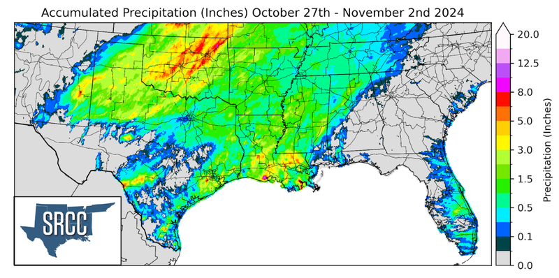 Graphic showing the accumulated precipitation across the Southern Region for October 27th - November 2nd