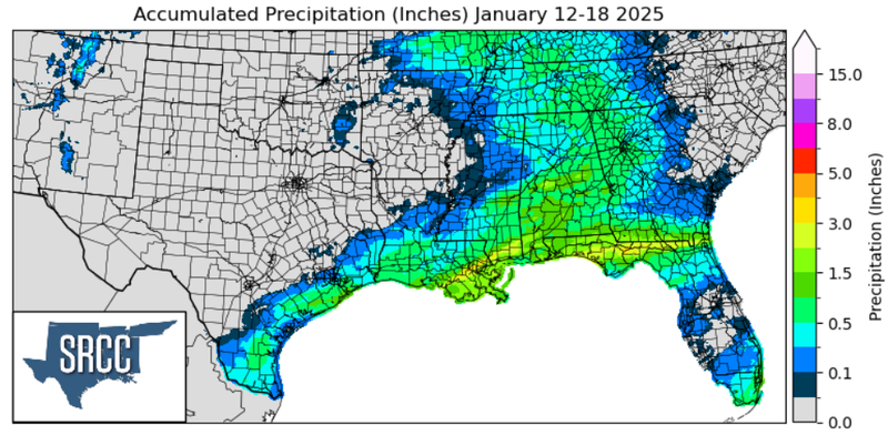 Graphic showing the accumulated precipitation across the Southern Region for January 12th - 18th