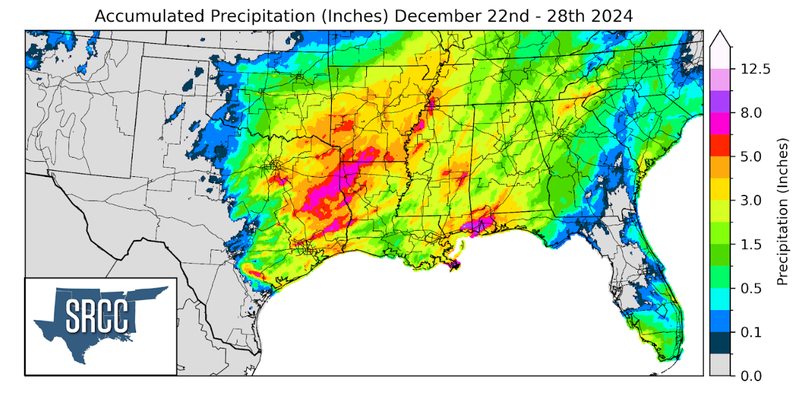 Graphic showing the accumulated precipitation across the Southern Region for December 22nd - 28th