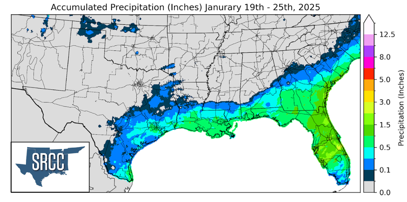 Graphic showing the accumulated precipitation across the Southern Region for January 19th - 25th