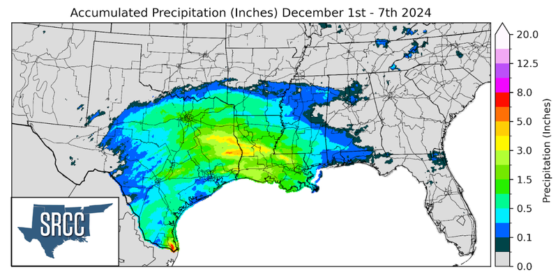 Graphic showing the accumulated precipitation across the Southern Region for December 1st - 7th